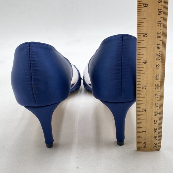 XYD Navy Peep Toe Rhinestones Crystals D'Orsay Sandals Mid Heels Slip-on Shoes - Picture 5 of 8